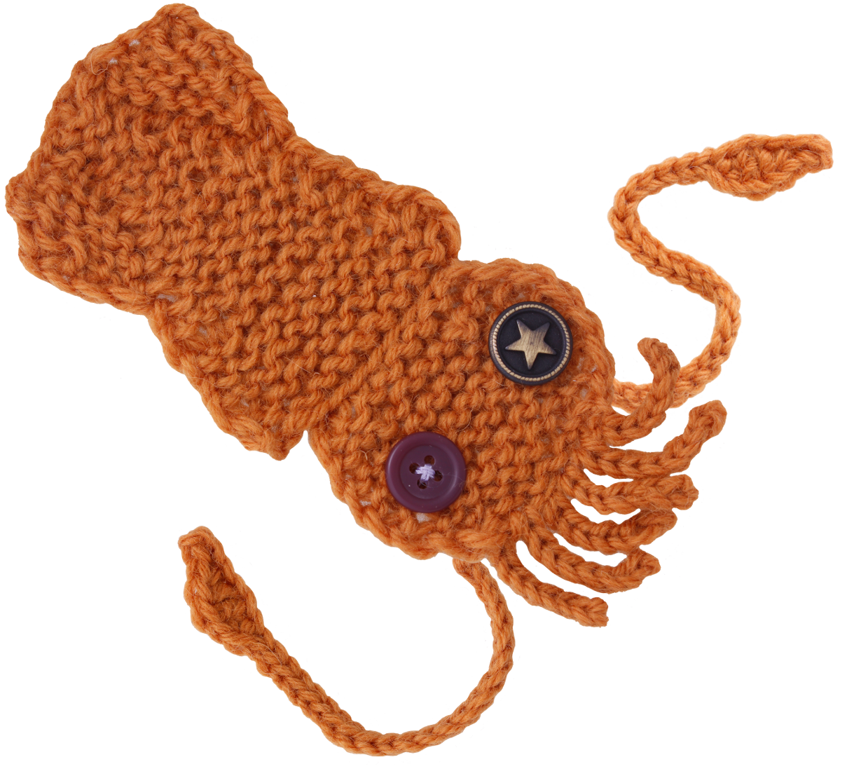A hand-knit orange squid with mismatched button eyes